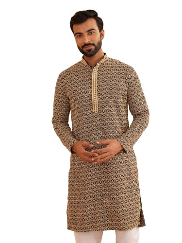 Image of SOJANYA Men's Coffee Brown Cotton Blend Kurta with Intricate Embroidery & Subtle Sequin Work