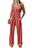 Cicy Bell Womens Summer Smocked Jumpsuits Loose Fit Adjustable Spaghetti Strap Jumpers Button Front Jogger Leg Overalls