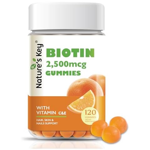 Nature's Key Biotin Gummies with Vitamin C and E, Support Hair Nails Growth & Beautiful Skin for Women Men and Kids, Vegan, Orange Flavors, 120 Count Cover