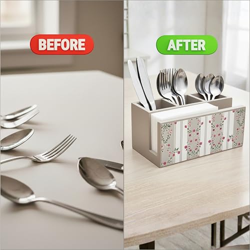 Image of Home Sparkle Engineered Wood Cutlery Holder | Brown | Spoon Stand & Napkin Rack | Multipurpose Kitchen Organizer for Dining Table, Restaurant & Countertop (B13V46)