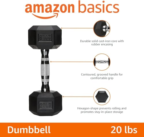 Amazon Basics Rubber Hex Dumbbell Hand Weight, 9.1 Kilograms, Single, Black by Amazon Basics - Image 2