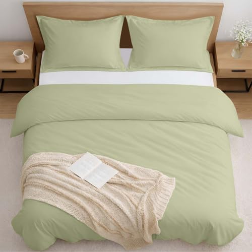 Kotton Culture Pre Washed Microfiber 3 Pc Full Size Duvet Cover Set Ultra Soft Bedding, Lightweight & Breathable Set -Zipper Closure, 8 Corner Ties & 2 Pillow Shams, Wrinkle & Fade Resistant-Moss