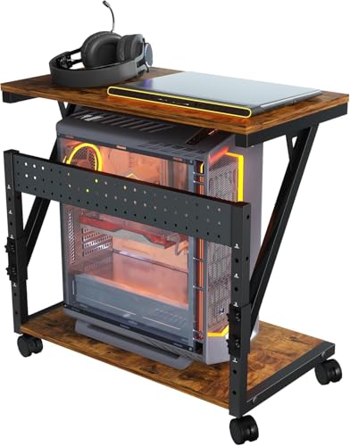 Image of 21562 Computer Tower Cart - Height Adjustable PC Stand, 2-Tier CPU Holder Home Office Gaming Desk Accessories Rolling Lockable Wheels, Laptop Table Standing Computer Desk, Rustic Brown