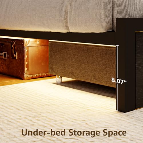 Queen Size Black Bed Frame with 4 Storage, Upholstered Velvet Platform Bed Frames with Button Tufted Headboard Led Lights, Wooden Slats Support, No Box Spring Needed, Black - Image 5