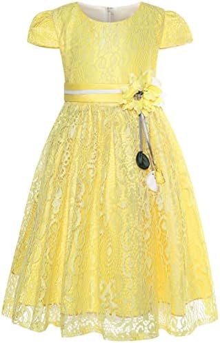 Little Girls Cap Sleeves 3D Flower Lace Wedding Flower Girl Birthday Party Christing Party Dress,Solid Yellow,7-8