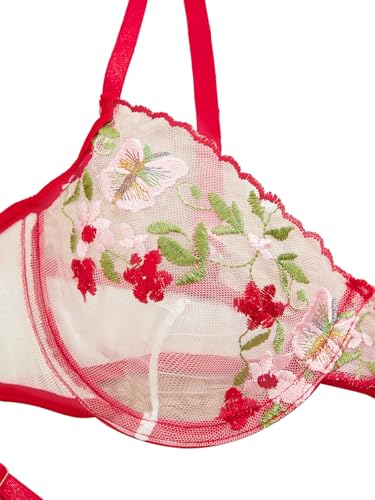 Image of Lilosy Sexy Floral Embroidered Mesh Sheer Underwire Push Up Lingerie Set Women See Through Bra and Panty 2 Piece Sun Floral Red Medium