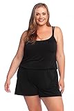 Maxine Of Hollywood Women's Plus Size Romper One Piece Swimsuit, Black//Solid Tr, 24