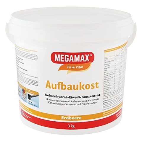 MEGAMAX Aufbaukost Erdbeere 3 kg - Ideal zur Kräftigung und bei Untergewicht. Proteinpulver zur Zubereitung eines fettarmen Kohlenhydrat-Eiweiß-Getränkes für Muskelmasse u. Muskelaufbau Gewichtszunahme Cover