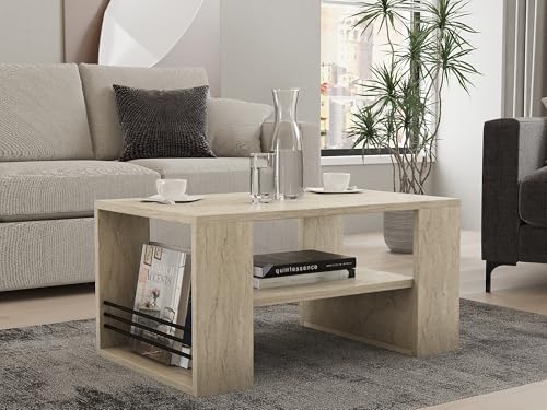 Hanah Home Elegante Mesa de café, Color travertino, 80 x 50 x 40 cm, 100% melamina revestida, 18 mm de Grosor, diseño de mármol Elegante para Espacios de Vida Modernos