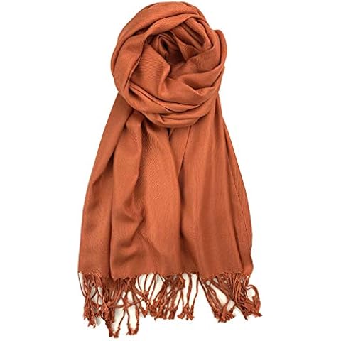 Plum Feathers Premium Solid Color and Metallic Fashion Scarf, Womens Pashmina Shawl Wrap with Fringes (Clay Orange) Cover