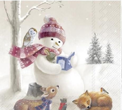 Set of 2 Paper LUNCH Decoupage Napkins SNOWMAN READING DEER FOX For Needlework Perfect For Birthday Holiday Wedding Cocktail Projects Premium Quality Exquisite Designs