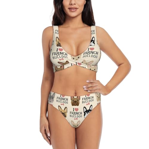 Maillot de bain 2 pièces pour femme à motif imprimé bouledogue français