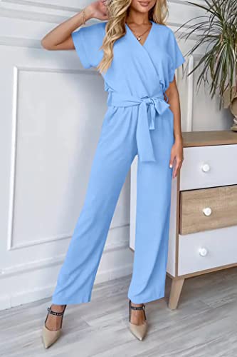 PRETTYGARDEN Women's Summer One Piece Jumpsuits Belted Short Sleeve Wrap V Neck Fashion Dressy Casual Wide Leg Pants Romper