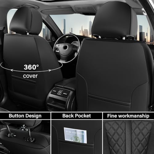 Image of Coverado Leather Car Seat Covers Full Set & Carbon Fiber, Luxury Black Leather Seat Covers, Waterproof and Durable Car Seat Protector, Automotive Seat Covers Universal Fit for Most Cars(Black)