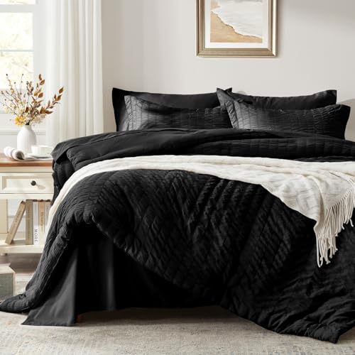 Image of Zzlpp Black Queen Comforter Set 7 pieces, Seersucker Bed in a Bag with Comforter and Sheets, All Season Bedding Sets with 1 Comforter, 2 Pillow Shams, 2 Pillowcases, 1 Flat Sheet, 1 Fitted Sheet