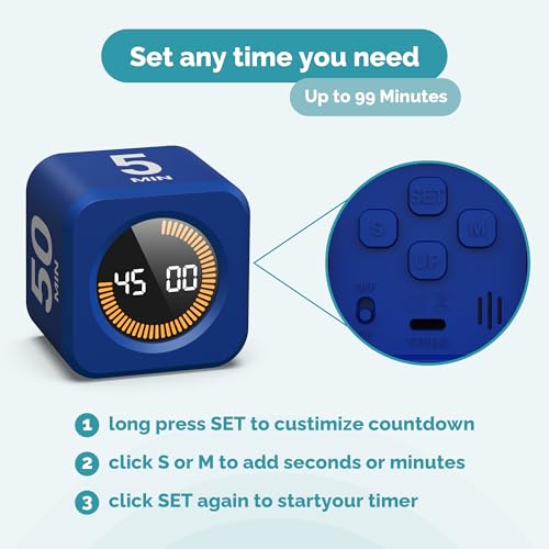 Image of KADAMS Timer Pomodoro - Productivity Pomodoro Cube, 5 /10 /25 /50 Min Countdown & Countup, Silent - for Work Study Workout Kitchen School Classroom Office ADHD Gift Kids (1, Navy Blue)