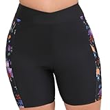 JOYBIK Women's 7' Plus Size Cross High Waisted Board Shorts with Side Pockets Boyshorts Swimsuit Bottoms Black Floral 2X