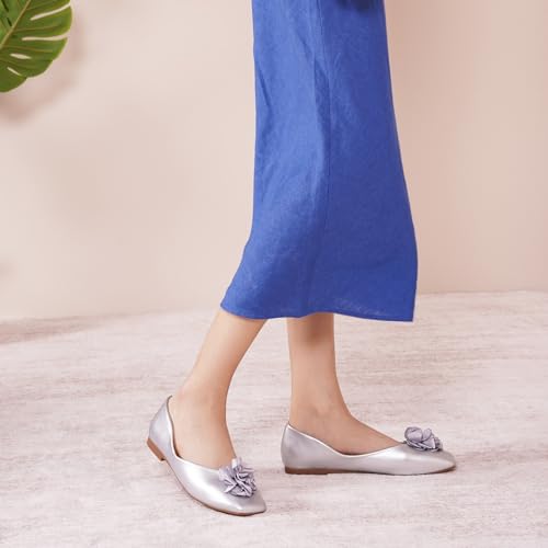 Image of C.Paravano Ballet Flats for Women | Women's Flats | Square Toe | Slip On Dress Shoes | Satin Flower Shoes