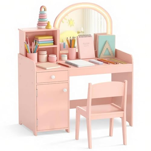 Maxmass Kids Vanity Table and Chair Wooden Children Study Table with 2-Color LED Lights Mirror 2-Tier Shelf Drawer & Cabinet Multifunctional Dressing Table Set for Toddlers (Lotus Pink)