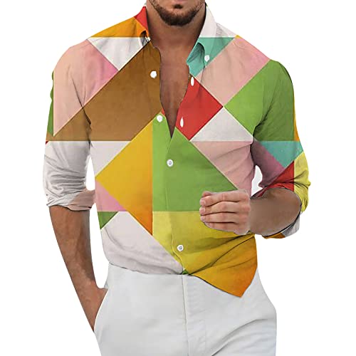 Chemise hawaïenne homme mosaïque triangle à manches longues et col revers rétro