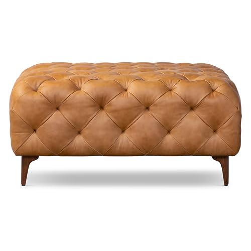 Image of Poly & BARK Turin Ottoman - 40 inch - Full-Grain Leather Upholstery - Couch Ottoman for Living Room - Vintage Italian Leather in Cognac Tan