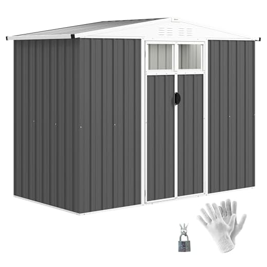 Outsunny Casetta da Giardino 2.7m² in Acciaio Zincato con 4 Prese d'Aria e 2 Finestre Trasparenti, Capanno Porta Attrezzi con Tetto Inclinato, Doppio Porte Bloccabili con Chiavi e Guanti, Grigio Scuro