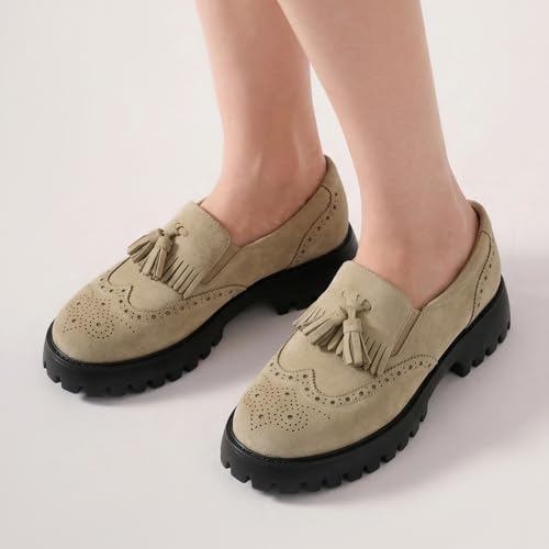 Image of BEAU TODAY Chunky Loafers for Women, Women's Leather Platform Loafers, Lug Sole Tassel Slip On Loafers Shoes Brogues Wingtip Casual Business Shoes Comfortable Dressy