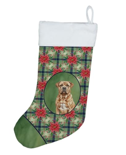 Caroline's Treasures Dogue de Bordeaux Christmas Poinsettas Holiday Stocking Double-Sided Print, Polyester Suede,11x18, Made in USA
