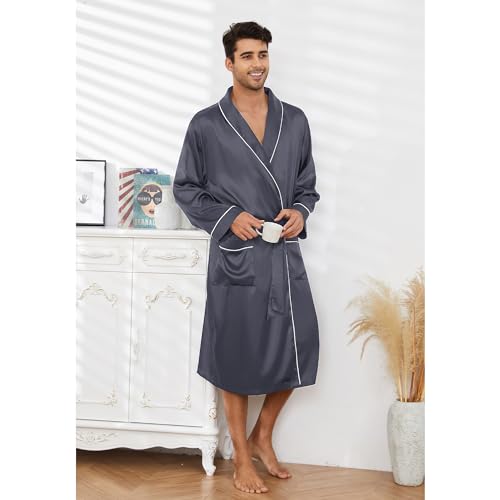 Image of Vulcanodon Men's Satin Robe Lightweight,Men's Luxurious Silk Kimono Bathrobe