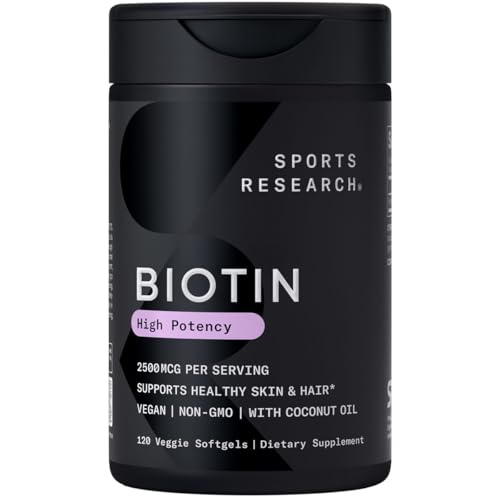 Image of Sports Research Biotin 2,500mcg with Organic Coconut Oil - Biotin (Vitamin B7) for Healthy Skin and Hair Support* - for Women and Men - Vegan, Non-GMO, Gluten & Soy-Free - 120 Veggie Softgels