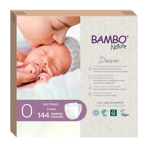 Image of Bambo Nature Hypoallergenic Dream Baby Diapers, Premium Eco-Labeled Sustainable Diapers, Enhanced Leakage Protection, Totally Chlorine-Free, Skin Friendly, and Super Absorbent - Size 0 (144 Count)