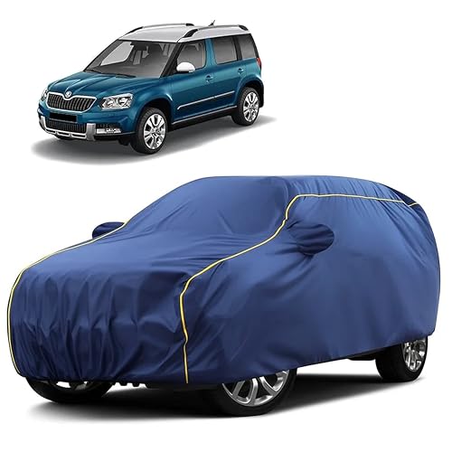 Image of Sulfar 100% Water Resistant Car Body Cover Compatible with Mirror for Skoda Yeti (Triple Stitched, Full Bottom Elastic, Blue Taffeta with Yellow Piping)