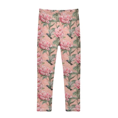 Watercolor Peony Hummingbird Flower Girls Leggings Soft Stretch Workout Yoga Dance Pants for Kids Casual Tights