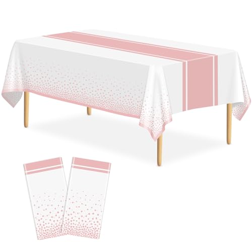 Image of 2 Pack White and Rose Gold Tablecloth Party Decorations Plastic White Tablecloth Printed Rose Gold Table Runner 54 x108 Inch Disposable Rectangle Table Cover for Birthday Wedding Graduation
