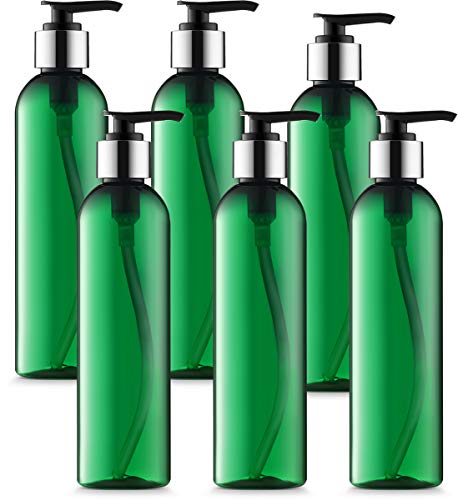 Empty Lotion Bottles 8 Oz. Bullet Green with Black-Silver Pump, Great for - Creams, Body Wash, Hand Soap, Self-Tanners, Bronzers and Massage Lotion (Pack of 6)