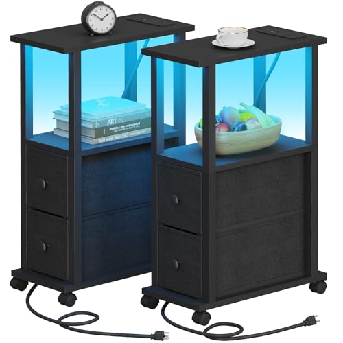 TUTOTAK Small Narrow End Tables, LED Side Tables with 2 Fabric Drawers, Set of 2, Bedside Tables with Charging Station for Small Spaces, Slim Nightstands with USB Ports and Wheels, TB01BK053L
