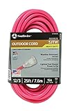 Coleman Cable 2577SW000A 25-Foot 12/3 Neon Outdoor Extension Cord, Made in the USA, Water Resistant Vinyl Jacket, Reinforced Blades, Clear Molded Plug With Power Indicated Light, Fluorescent Pink