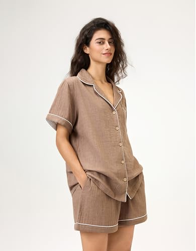 Image of BESTOUCH Womens Pajama Sets: 100% Cotton Muslin Linen Feel | Button Soft Comfy Breathable Classic Sleep Pjs 2 Piece