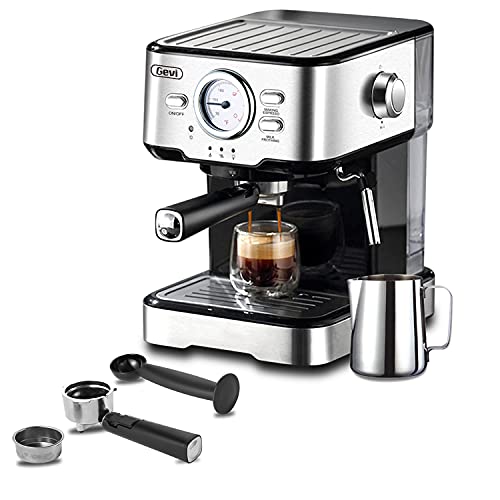 Gevi Espresso Machine 15 Bar Coffee Machine with Foaming Milk Frother Wand for Espresso, Cappuccino, Latte and Mocha, Steam Espresso Maker For Home Barista, Adjustable Milk Frothing and Double Temperature Control System, Stainless Steel, 1100W