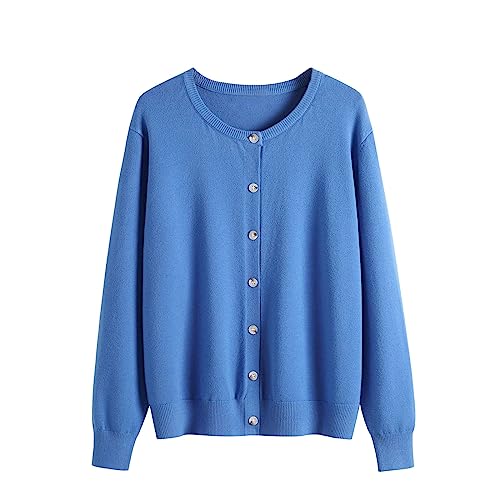 Genérico chaqueta mujer Cárdigan para mujer de manga larga y cuello Abrigo de punto clásico para otoño e invierno chaqueta ligera y versátil Talla grande y cómoda Azul XXL