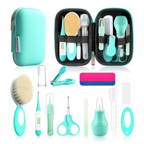 Image of Esonto Baby Healthcare and Grooming Kit, Baby Safety Set Newborn Nursery Health Care Set with Hair Brush Scale Measuring Spoon Nail Clippers (12pcs, Green) (Green)
