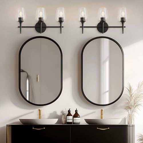 Image of Black Vanity Light 3-Light Modern Farmhouse Bathroom Light Fixture with Wine Glass Shades for 24 Inch Mirror, Wall Sconce for Hallway Bedroom