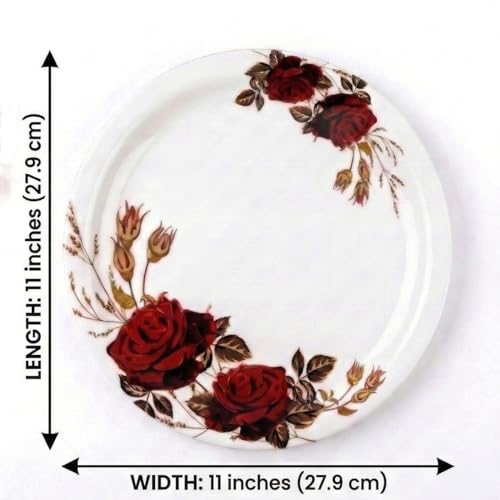 Image of Melamine Quarter Plates | Round Half Plate | Microwave Safe | Break Resistant | Plates for Snacks, Lunch, Dinner | Plates for Home, Office, Restaurant | Set of 6 | 7 Inch's (Red Rose)