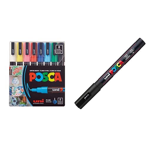 POSCA Paint Marker Pen - Fine Point - Set of 8 (PC-3M8C), Multicolor & Posca Acrylic Paint Marker, Fine, Black