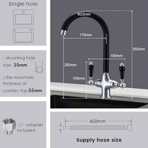Kitchen Mixer Sink Tap with Black Ceramic Dual Lever Traditional Monobloc Kitchen Faucet with 360 Swivel Spout Chrome and Matte Black Victorian Style Mixer Taps 1 Hole Vintage - Image 6