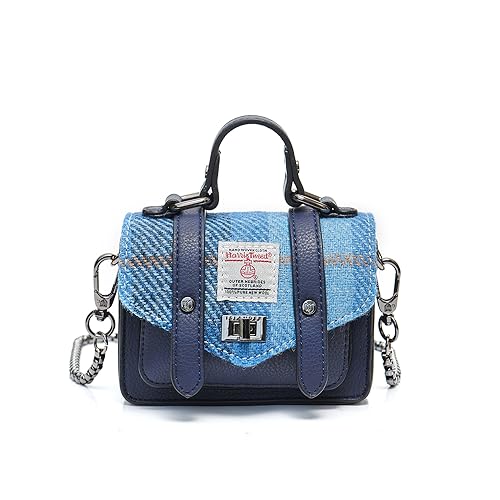 Islander Harris Tweed Mini bolsa médica feminina, bolsa de ombro compacta de couro de microfibra, Tartã azul rosa