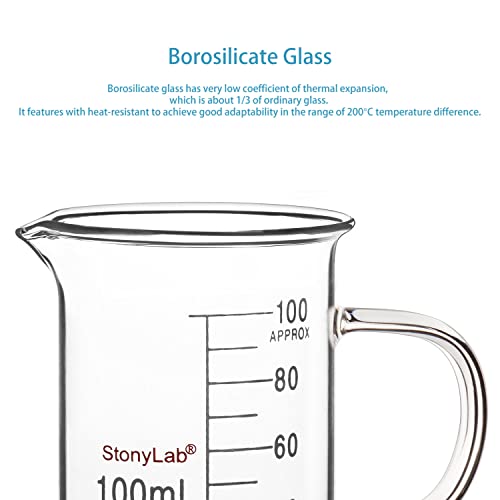 Image of stonylab Glass Beaker with Handle, Borosilicate Glass Graduated Low Form Griffin Beaker with Handle and Pouring Spout, 100 ml (Pack of 2)