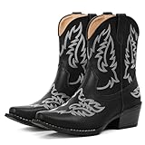 IXU Cowboy Boots for Women Ankle Western Cowgirl Boots Mid Calf Snip Toe Chunky Heel Classic Short Booties for...