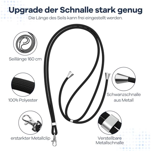 caslord Handyband Universal, Handy Lanyard mit 2 Stück Universelles Patch, Handyband mit Hülle kombinierbar, Einstellbar und Abnehmbar - Schwarz