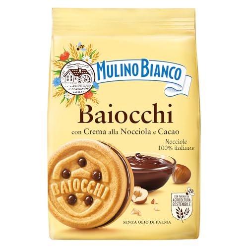 Mulino Bianco Baiocchi 9.17oz (260g) – Italy’s #1 Cookie Made with Natural Ingredients – Authentic Italian Biscuits Filled with Chocolate Hazelnut Cream – Perfect with Coffee or Tea